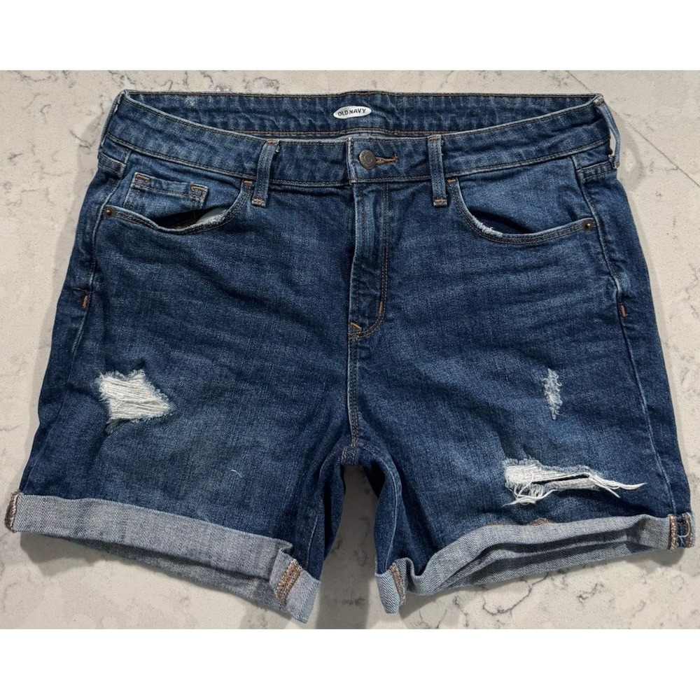 Old‎ Navy Shorts Womens 8 Blue Dark Wash Slim Midi Jean Distressed Stretch Denim